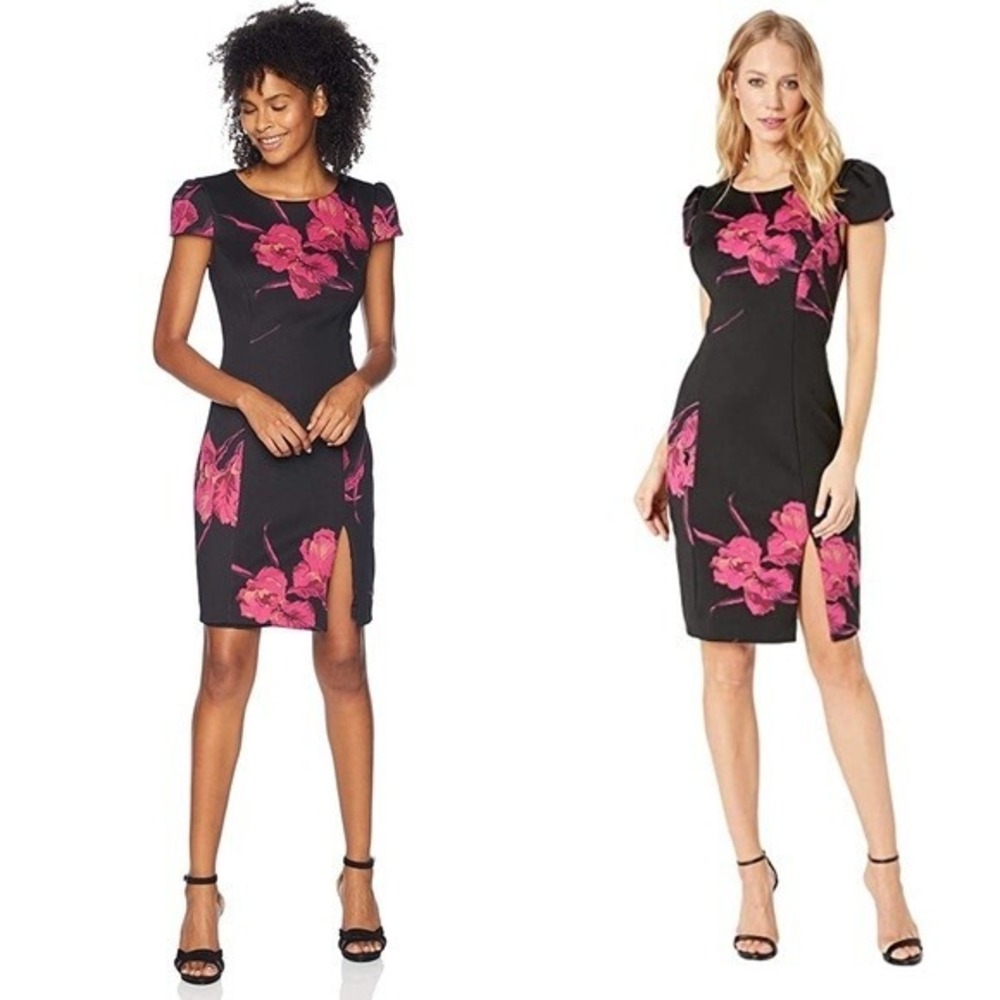 Betsey Johnson Size 4 Black Pink Floral‎ Dress Cap Sleeve Lined Zip